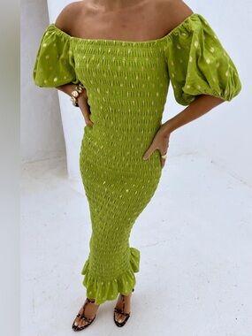 Never Fully Dressed Jojo Midi Dress Sz M Olive Green Gold Smocked NWT